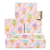 CENTRAL 23 Ice Cream Cone Wrapping Paper - Pink - 6 Sheets of Pastel Birthday Gift Wrap - For Women Girls Teenagers - Recyclable