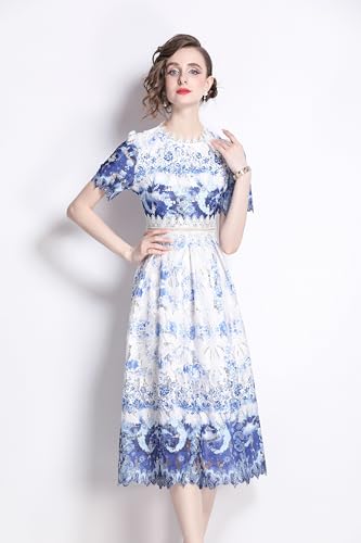 Image of LAI MENG FIVE CATS Women's Lace Floral Short Sleeve Crochet Waist Cocktail Midi Dress