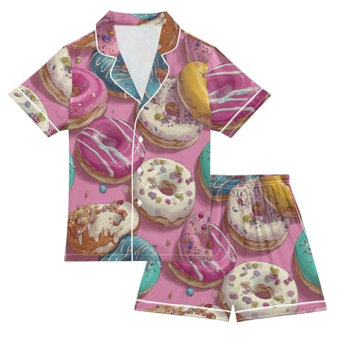 Satin Pajama Sets Short Sleeve Colorful Donuts with Sprinkles Button Down Silky Nightwear 2 Piece PJS 5-14Y