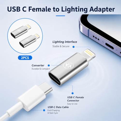 Image of Verilux 2Pcs Lighting to Type C Converter with PD 27W Fast Charging | Type C Female to Lighting Male Connector with Aluminum Alloy Metal Housing for iPhone 14 /13 /iPad /iPod /AirPods iOS Devices