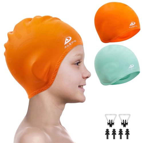 2 Pack Kids Swim Caps for Boys Girls, Durable Silicone Swimming Cap with 3D Ear Pockets for Age 3-15 Toddler Child Youth Teen, Unisex Swim Bath Hats for Short/Long Hair with Ear Plugs Nose Clip-10