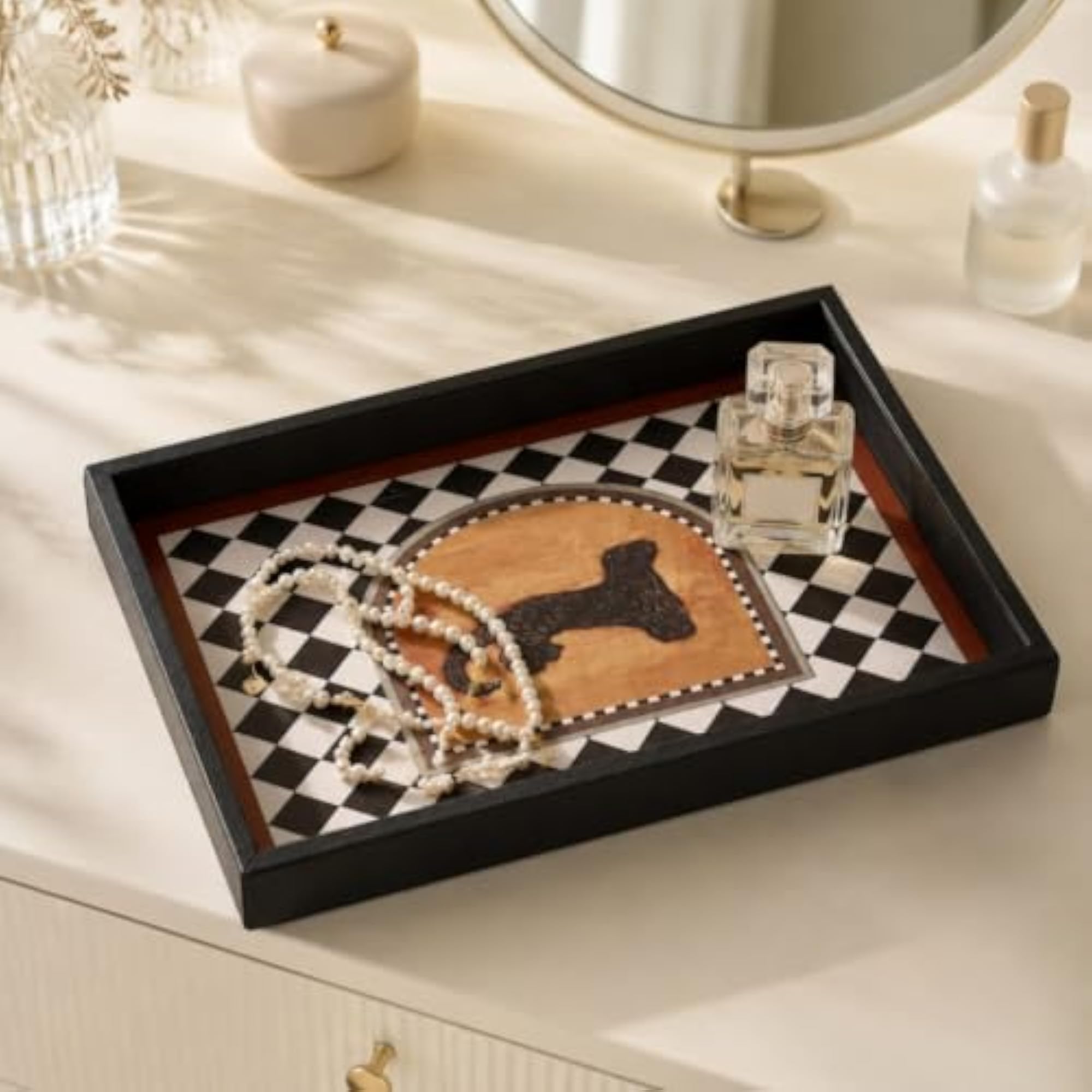 Decorative Rectangular Wooden Tray with Leather Surface