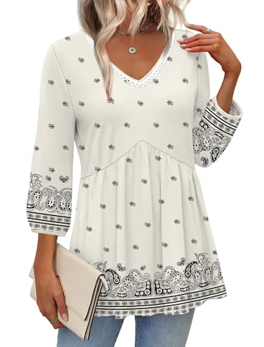 Image of OFEEFAN 3 /4 Length Sleeve Womens Tops 2026 Blouses for Women Dressy Casual Fashion Clothing V Neck Babydoll Tops Fall Outfits