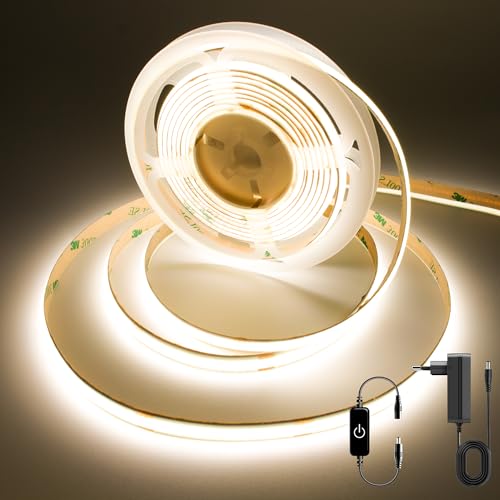 FUIQI Striscia LED COB 3 Metri,Bianco naturale 4000K,24V LED COB con Controllo Dimmerazione Tocco,CRI90+,8mm Larghezza,con Alimentatore - Ideale per Cucina,Camera da Letto e Sfondo Televisivo