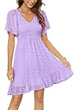 Annebouti Light Purple Summer Fall Dresses for Women 2024 Casual Smocked Short Sleeve Junior Swiss Dot Mini Graduation Bridal Shower Dress Solid Lavender XL