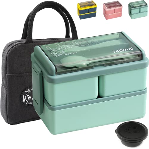 Bazasa Bento Lunch Box for Kids Adults Lunch Containers for Work Lunchbox for Men Woman Leak-Proof Lunch Box With 3 Compartments & Sauce Container Green Bento Box Microwave-& Dishwasher-Safe