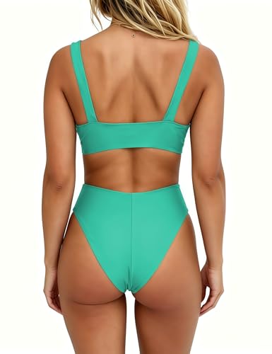 Image of geluboao Bikini Set for Women Solid V Neck Knot Front Push Up High Leg Thong Two Piece Swimsuit