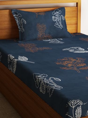 Image of Home Sizzler 210TC Midnight Bloom Elastic Fitted Single Bedsheet (72X36 Inch) with 1 Pillow Cover, Blue