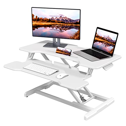JYLH JOYSEEKER Standing Desk Converter 30 Inches Sit Stand Desk Riser, Height Adjustable Sit Stand Desktop Riser Workstation for Home Office with Keyboard Tray for Laptop, White