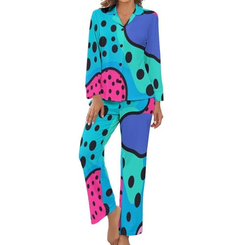 Pyjama femme 2 pièces imprimé rétro avec haut boutonné et taille élastique en grande taille
