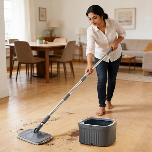 Image of The Better Home 360 Flat Mop Set | Bucket Mop with Wringer System | Stainless Steel Handle Floor Cleaning Mop | Microfiber Pad for Tiles Wooden Floor Kitchen Bathroom Cleaning | Easy Squeeze