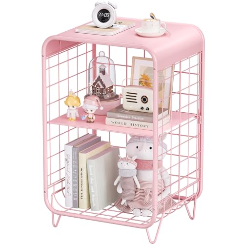 APEXCHASER Cute Pink Nightstand,Metal Side Table,3 Tier End Table with Storage,Vintage Bedside...