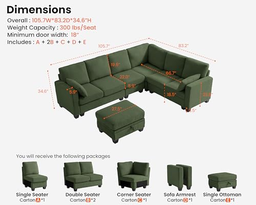 Image of CHIC HOUSE Modular Corner Sectional Sofa with Storage Ottoman, Corduroy L-Shaped Couch, Compact Small Space Furniture for Living Room & Apartment, (Green, 7 Seater L-Shaped)