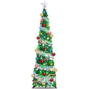 [ Timer ] 6 Feet 80LED Pencil St. Patrick’s Day Tree Decorations Color Lights Large 3D Star 15 Balls Sequins Pop Up…