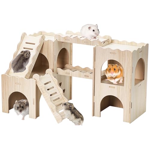 BNOSDM Large 6-in-1 Hamster Playground, Multi-Level Wooden Hamster Houses and Hideouts with Double Slides, Hide Hut for Multiple Dwarf Hamsters, Syrian, Gerbils