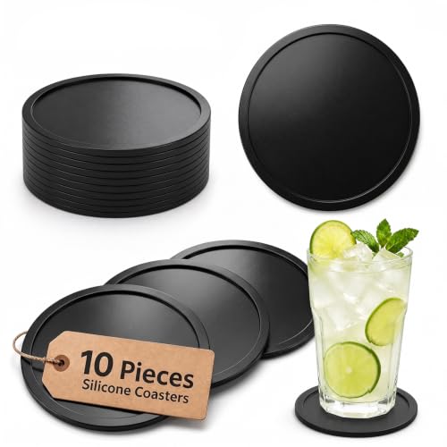 HELIMIAO Coasters Set of 10 Non-Stick Silicone Round Drink Coasters for Wooden Table Protection Coffee Table Decorative Home Accessories for Bar & Kitchen Black