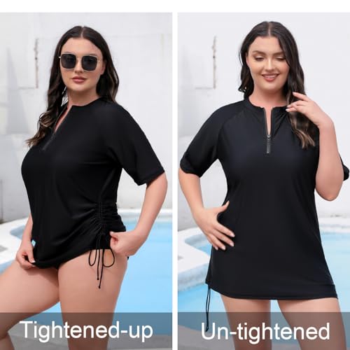 Halcurt Women's Plus Size Half Zip Short Sleeve Rash Guard Swim Top Drawstring Swim Shirt UPF50+ Swimsuit4