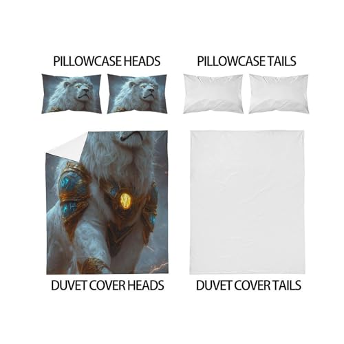 Housse de couette 200x200 cm imprimé 3D lion blanc et parure lit microfibre