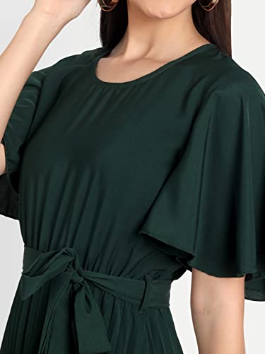 Image of KUDUZO Women's Crepe Long Pleated Below Knee Length Flutter Sleeve Round Neck S to XL Maxi Dress for Girls. (EG-U0IM-B9A1)