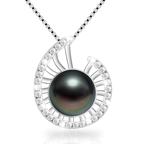 Lucky Conch Tahitian Black Pearl with Moissanite Pendant Necklace, 9-10MM AAAA Pearl Gifts for Women Wife Wedding Birthday Anniversary Valentines