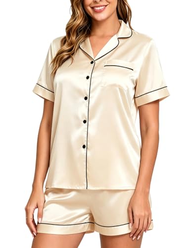 Image of Veseacky Women Satin Pajamas Set 2 Piece Button Down Short Sleeve Soft Sleepwear with Pockets