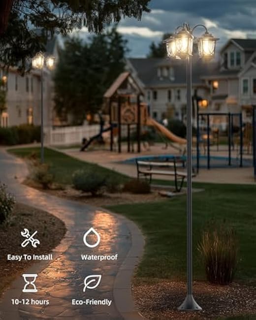 73 Aluminum Solar Lamp Post Light, 3-Head Pole Lights 90LM Waterproof - Auto Dusk to Warm White Dawn Floor Lamp for Outdoor Garden Pathway Replaceable Bulb
