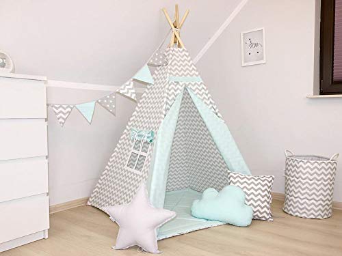 Kids Portable Teepee Tents With Padded Mat And Cushions Free Kit Bag Zig Zag Teal