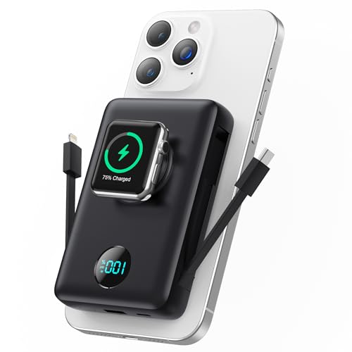 Magnetic Portable Charger for MagSafe with Built-in Cable, iWatch Charger,10800mAh Wireless Power Bank Travel Essentials,25W PD Fast Charging Battery Pack for iPhone 17/16/15/14/13 Series,Apple Watch