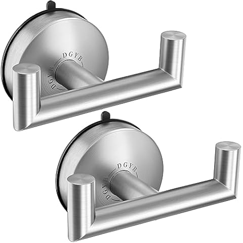 DGYB Double Brushed Nickel Towel Hooks for Bathrooms Set of 2 Heavy Duty Suction Cup Hooks for Shower Stainless Steel Bathroom Towel Holder 15 Lb Suction Shower Hooks for Inside Shower Cover