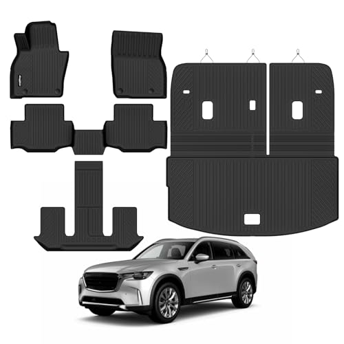 Bingoliner Floor Mats for 2024 2025 2026 Mazda CX-90 7 Seats/Captain Seat Trunk Mat with Backrest Mat All Weather TPE Protector for Mazda CX-90 Accessories