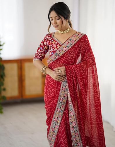 Image of SIRIL Women's Georgette Bandhani Printed Saree with Unstitched Blouse Piece