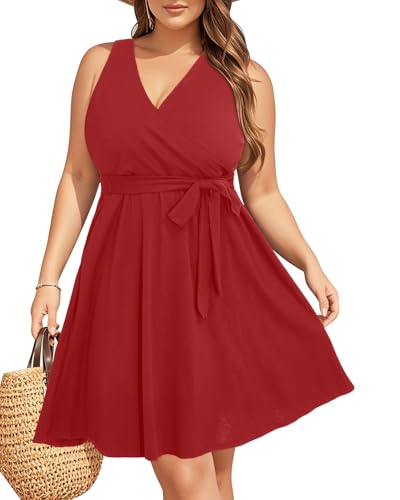 Image of Holipick Women's Plus Size Sleeveless V Neck Wrap Sundress Summer Casual Dress with Pockets