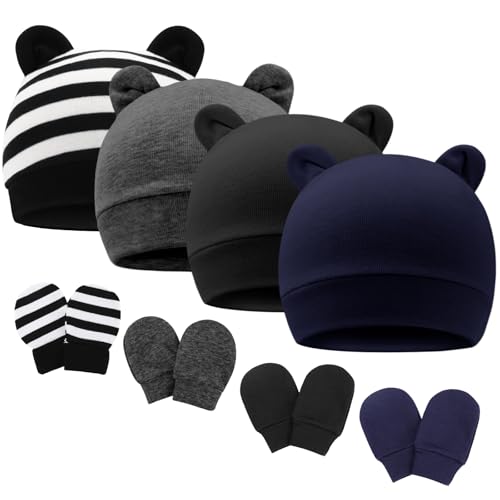 Image of Newborn Baby Hat and Mittens Set Bear Ears Toddler Infant Beanie Caps Newborn Hospital Hat for Baby Boy Girl 0-3 Months