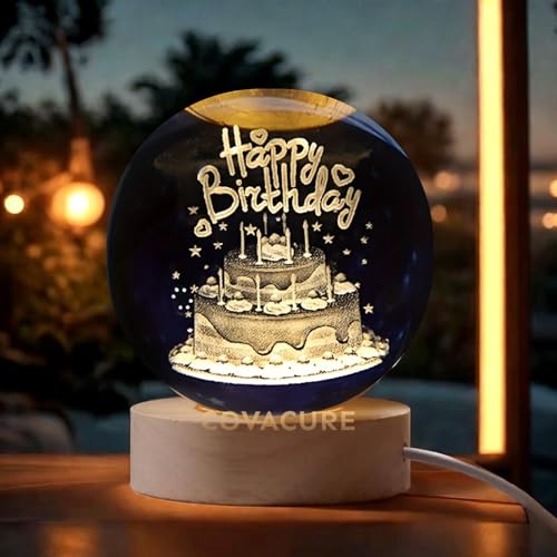 Image of 3D Happy Birthday Crystal Ball Night Lamp, Crystal Ball Night Light with USB, LED Wooden Base Table Lamp for Bedroom Home Office Decoration Birthday Gift for Boys and Girls