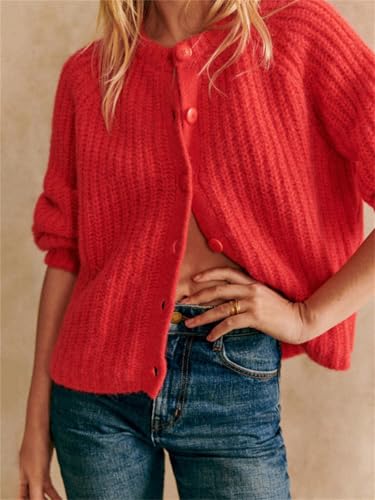 Women Chunky Knit Cardigan Y2k Long Latern Sleeve Crew Neck Button Up Open Front Cable Knitted Short Sweater Jackets2