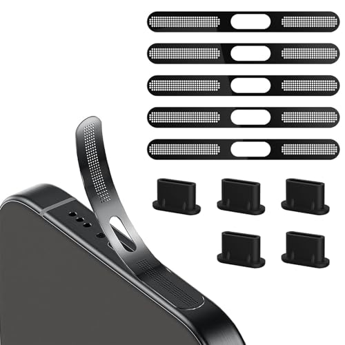 BelleVive 5 Piezas de Tapones Antipolvo USB C y 5 Piezas de Adhesivos de Malla a Prueba de Polvo, Accesorios para iPhone 16/16 Plus/16 Pro/16 Pro MAX/iPhone 15/15 Pro/Pro MAX/Plus (Negro)