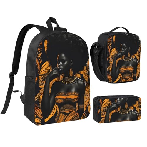 African retro print Backpack Bookbag for Daily Use,3 Pcs Backpack Set with Lunch Box and Pencil Case