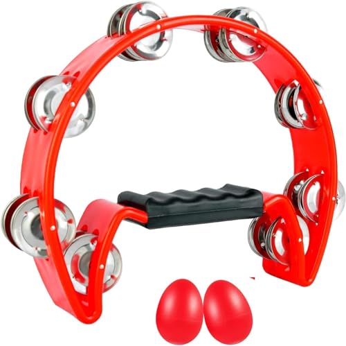 EastRock Tambourine Metal Jingles Hand Held Percussion Half Moon Tambourine for Adults KTV Party Red