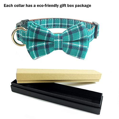 Dog Collar Bow Tie - Adorable Plaid Sturdy Soft Material&Leather Dog Collars For Small Medium Large Dogs Breed Pup Adjustable 18 Colors And 3 Sizes (Cyan Plaid, S 10"-14") #TOP6