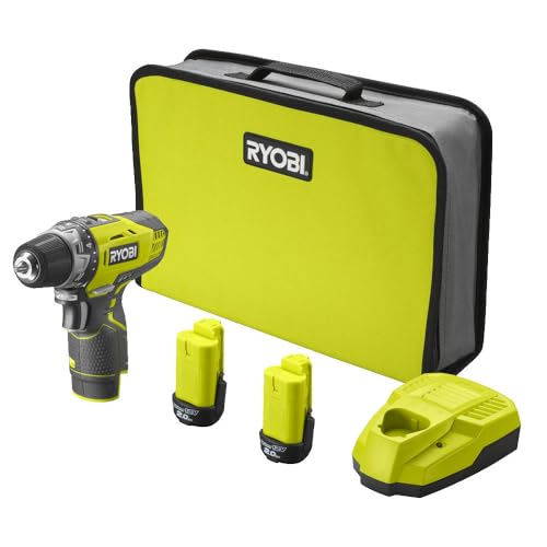 RYOBI Perceusevisseuse 12V 2 vitesses 30 Nm 24 positions mandrin 10 mm 2 batteries lithium 20 Ah chargeur Livrée en sac de transport R12DD220S, Noir, Jaune, Gris