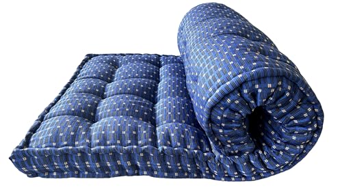 Image of Adim's Traditional Indian Premium Blue Gadda Box Mattress, 2.5 x 6 Feet | Medium Firm, Cotton Quilt, Handcrafted, Floor Bedding