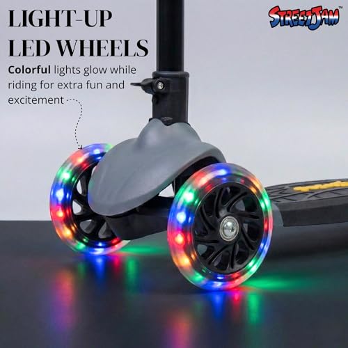 Image of STREETJAM Zoltra LED Wheel Kids Kick Scooter 3-12 Years, LED Light Wheels, BIS Approved, Lean-to-Steer Control, Extra Wide Deck, Vibrant Two-Tone Design, Up to 50 kg Load (Grey with Black)