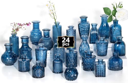 COUCHIRI Mini Bud Vases As Wedding Centerpieces for Tables,Clear Bud Vases for Flowers,Small Flower Vases Suitable for Birthday Party,Wedding Reception (Clear, 24PCS) (Blue)