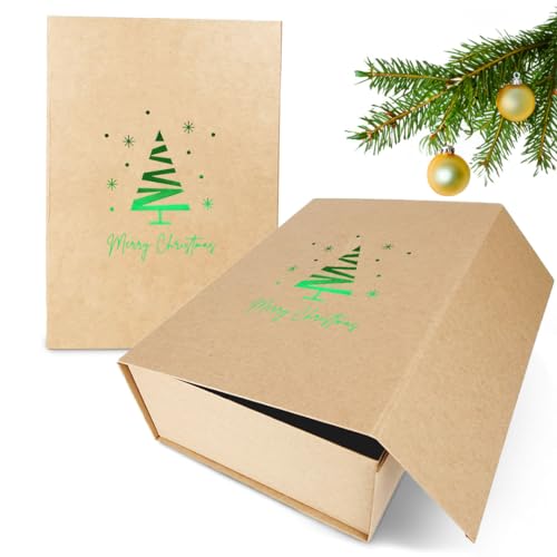 Verpackungswelt Geschenk-Box Weihnachten | 31x22x7cm | Geschenk-Karton mit Deckel & Magnet-Verschluss | Für Weihnachts-Geschenke | Weihnachts-Verpackung mit Weihnachtsbaum-Motiv in Grün