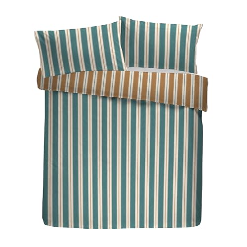 Appletree Heritage Eloise Stripe Duvet Cover Set, 100% Cotton, Super-King 260x220cm, Teal, Striped Pattern with Frill Detail, 68 Pick, Orange