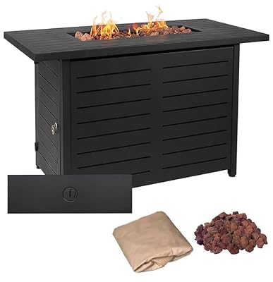 42" Outdoor Propane Fire Pit Table, Patio Rectangular Gas Fire Pit 2 in 1 Coffee Table with Firepit, 50,000 BTU, Waterproof Cover, Powder-Coated Stainless Steel with Lava Rock, CSA Certified