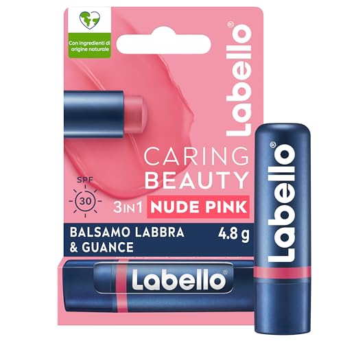 Labello Caring Beauty Lip & Cheek Nude Pink 4.8 g, Burrocacao labbra e guance con una nota di colore rosato, Balsamo labbra colorato e blush stick 2 in 1, Lip balm idratante con protezione SPF 30