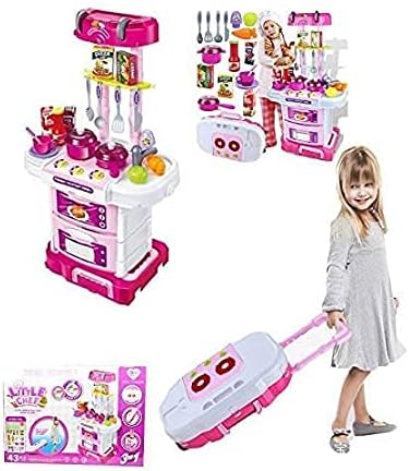 Jay 3 in 1 Little Chef Kitchen Playset Battery Operated Pretend Play Cooking Set Light Sound Suitcase Toys Utensils Combo Items Stove sync Toys Realistic Miniature Chefs Role
