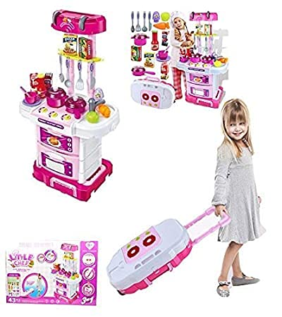 Jay 3 in 1 Little Chef Kitchen Playset Battery Operated Pretend Play Cooking Set Light Sound Suitcase Toys Utensils Combo Items Stove sync Toys Realistic Miniature Chefs Role