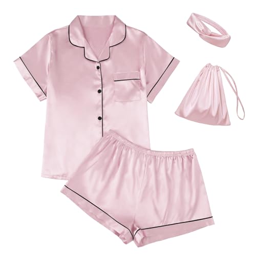 Image of LILLUSORY 4Pcs Women Silk Pajama Set Summer 2025 Satin Pjs 2 Piece Suit Lounge Scrunchies Lady Sleepwear Matching Clothing
